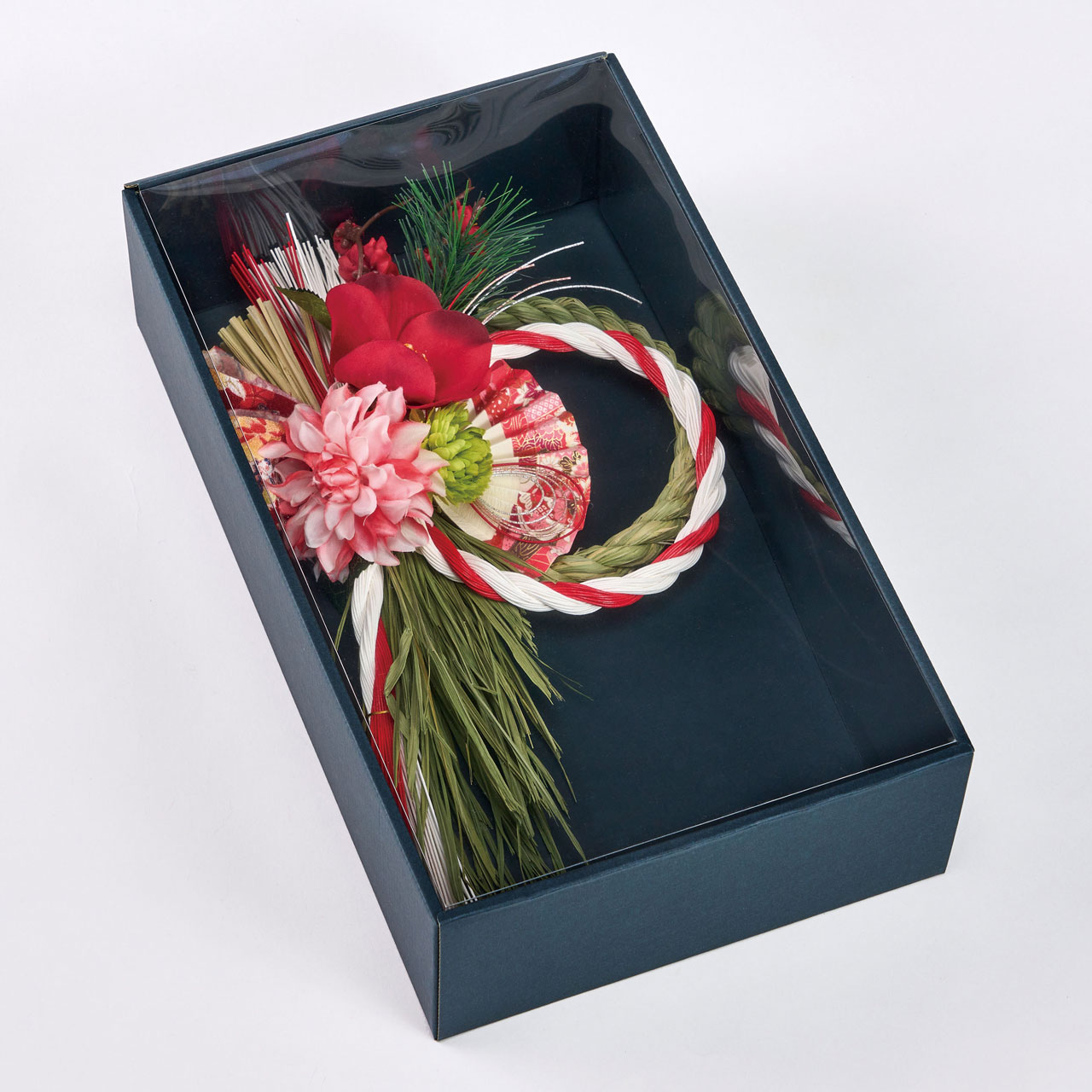 花しめ飾り　紅扇　しめ縄飾り　アーティフィシャルフラワー　造花　お正月アレンジメント　ZA006033