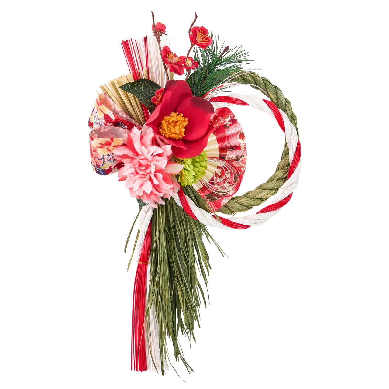 花しめ飾り　紅扇　しめ縄飾り　アーティフィシャルフラワー　造花　お正月アレンジメント　ZA006033